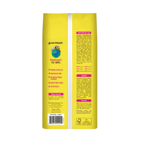 Yellow package of Earthbath cat wipes with branding and product details on a white background