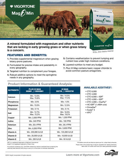 Vigortone Mag Min supplement packaging with cattle in a field and product details.