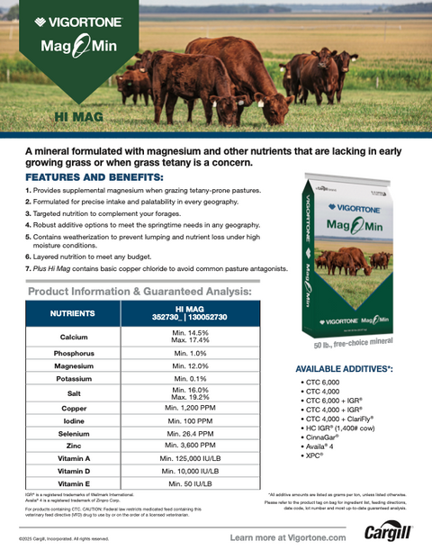Vigortone Mag O Min Hi-Mag cattle mineral feed bag with colorful label showing product details and branding.