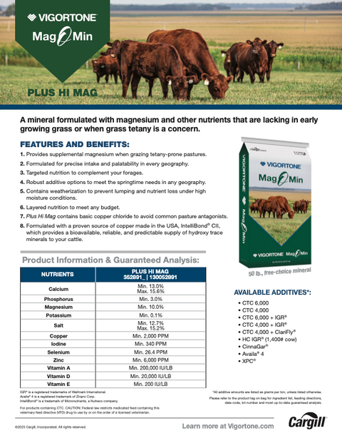 Vigortone Mag O Min Hi-Mag Plus cattle mineral feed bag with label showing product details and branding.