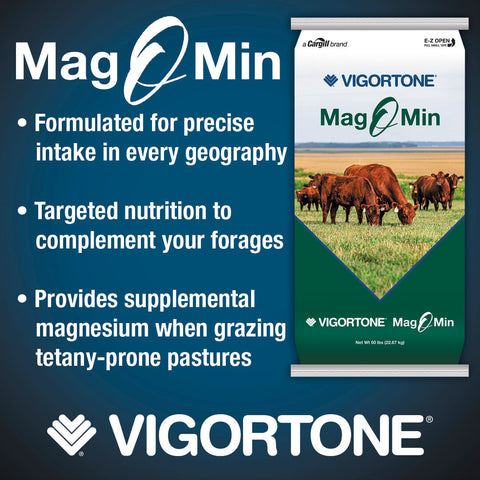 Mag O Min cattle supplement promotional graphic. Formulated for precise intake in every geography, targeted nutrition to complement your forages, provides supplemental magnesium when grazing pastures