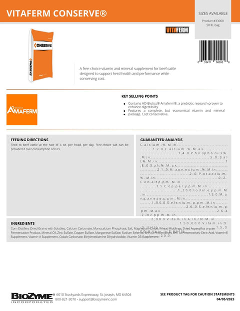 Conserve cattle mineral spec sheet