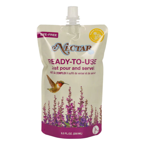 Nature's Way hummingbird nectar ready-to-use pouch, 8.5oz, with a colorful bird feeding on flowers on the front package.