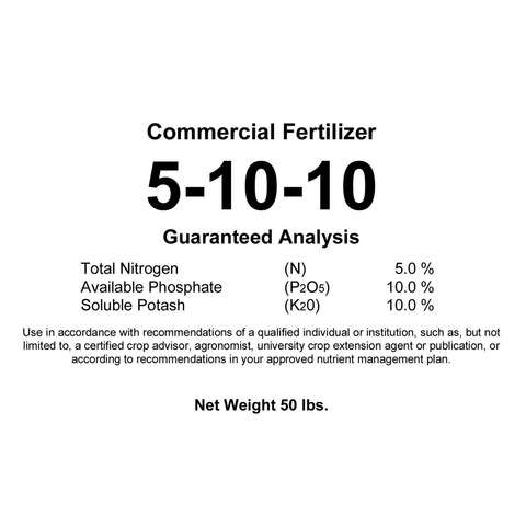 Kirby Agri Arrow 5-10-10 all-purpose fertilizer for lawn and turf, showing granulated fertilizer spread on green grass.