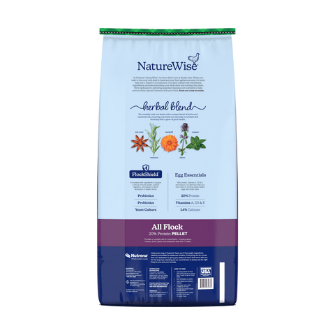 Cargill Nutrena NatureWise All Flock 20% Pellets poultry feed bag, 40 lb, showing the product label and branding.
