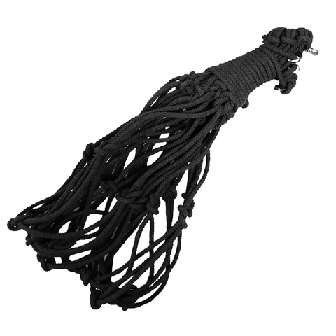 A bundle of black braided rope cords with a knotted handle, photographed on a plain white background.