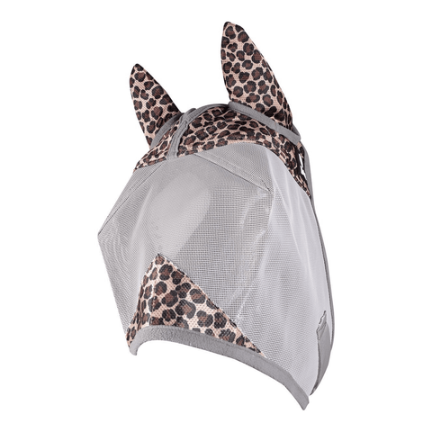 Cashel Crusader patterned fly mask with ears for small ponies, featuring a leopard design, made of breathable horse-safe mesh.