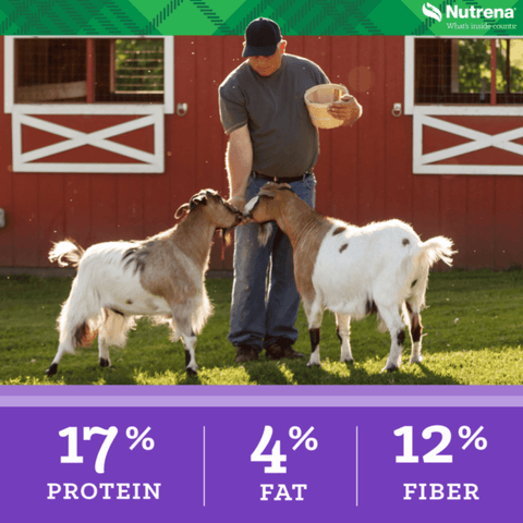 A man standing on a farm with two goats, holding a bucket, with a red barn in the background and a purple banner at the bottom showing nutritional facts: 17% protein, 4% fat, and 12% fiber. The Nutrena logo is visible in the top right corner.