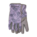 Pair of gardening gloves with purple and gray pattern on a white background