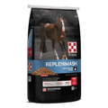 A bag of Purina Replenimash Wholesome Mare feed supplement for horses, featuring a dark brown horse on the front of a black bag with blue and red accents.