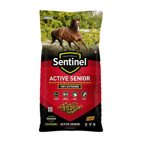 Blue Seal Sentinel® Active Senior Horse Feed 50 lb bag, showing the horse feed bag with product label and branding.