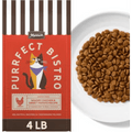 Merrick Purrfect Bistro cat food packaging shown next to a white plate filled with brown kibble on a white background.