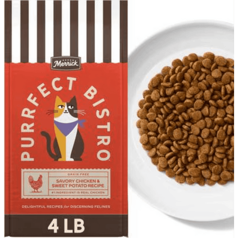 Merrick Purrfect Bistro cat food packaging shown next to a white plate filled with brown kibble on a white background.