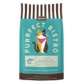 A bag of Merrick Purfect Bistro cat food on a solid black background. The packaging features a teal center with a cartoon cat wearing a pink bandana, brown and white striped top and bottom bands, and white text reading 'PURFECT BISTRO'.