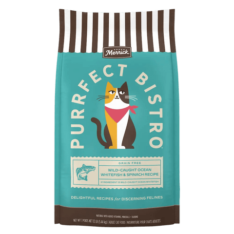 A bag of Merrick Purfect Bistro cat food on a solid black background. The packaging features a teal center with a cartoon cat wearing a pink bandana, brown and white striped top and bottom bands, and white text reading 'PURFECT BISTRO'.