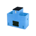 Blue plastic container with black solar panel on a white background