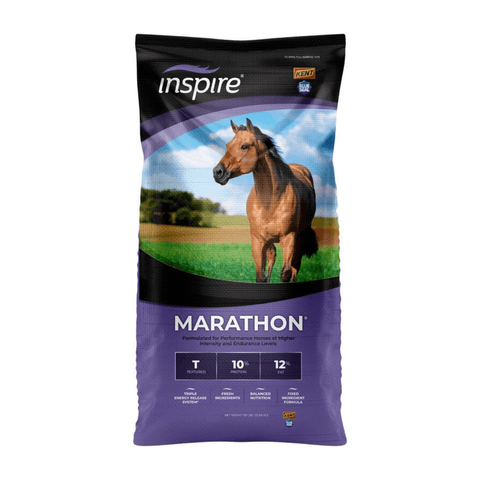 Blue Seal Inspire® Marathon Horse Feed bag, 50 lb, showing colorful branding and product label for horse nutrition.