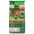 A bag of Nutrena Hi Pro Scratch adult poultry feed, featuring a green and white packaging design with a photo of a rooster and hen on a grassy field.