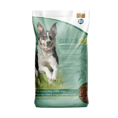 Blue Seal® Natural 26 Active Dog Food bag featuring a blue and white packaging with images of healthy, active dogs.