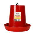 Red poultry feeder with a label on a white background