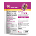 Back of a Lamb & Kid Colostrum Replacer package, showing product information, mixing directions, guaranteed analysis, ingredients, and a barcode on a white background.