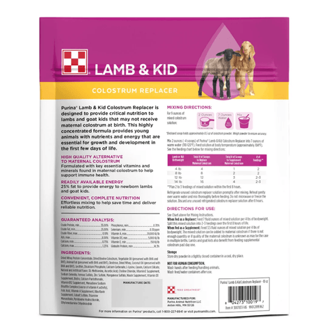 Back of a Lamb & Kid Colostrum Replacer package, showing product information, mixing directions, guaranteed analysis, ingredients, and a barcode on a white background.