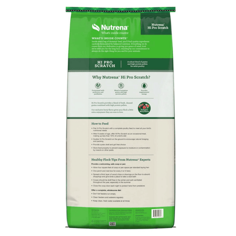 A bag of Nutrena Hi Pro Scratch cat food, featuring a green and white packaging design with detailed product information printed on the front and back.