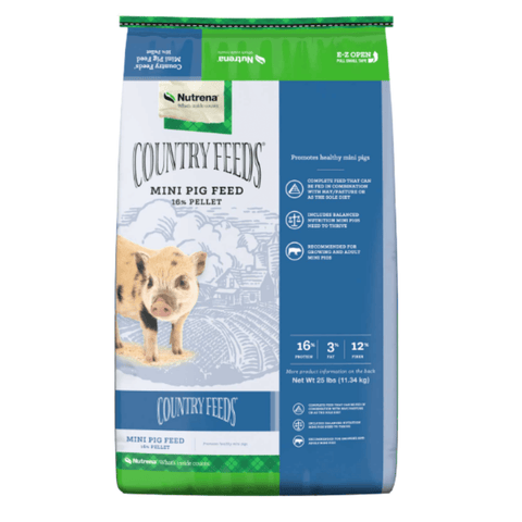 A bag of Country Feeds Mini Pig Feed 36% Pellet, featuring a blue and green package design with an illustration of a piglet on the front.
