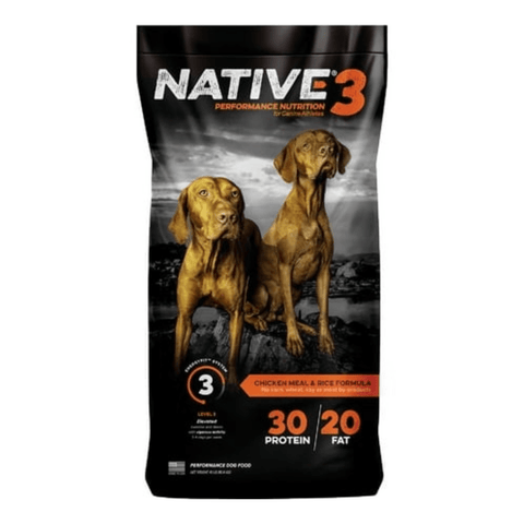 Blue Seal Native Level 3 Performance Dog Food 40 lb bag showing high-quality dog food pellets in a sturdy bag.