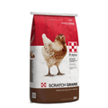 Bag of Purina® Scratch Grains poultry feed in a 50 lb bag, showing colorful grains and Purina branding on the packaging.