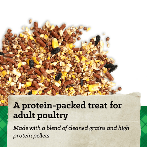 A close-up of a bird treat mix scattered across a white background, with a paper label overlay reading 'A protein-packed treat for adult poultry' and 'Made with a blend of cleaned grains and high protein pellets.'.