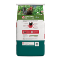 A bag of Reganum Organic Layer Crumbles chicken feed, featuring a green and white packaging design with a photo of chickens in a garden on the upper section.