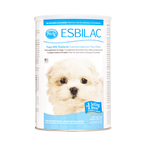 Bradley Caldwell Inc Esbilac Powder Puppy Milk Replacer in 12 oz container, showing the product packaging with label and scoop.