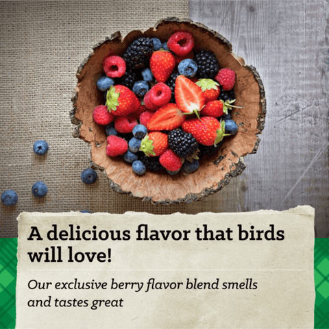 A top-down styled shot of mixed fresh berries in a rustic wood bowl on a burlap and wood surface, with a paper text overlay at the bottom reading, 'A delicious flavor that birds will love! Our exclusive berry flavor blend smells and tastes great.'.