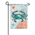 Decorative garden flag with a blue crab, starfish, and coral design on a white background.