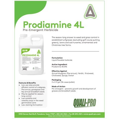 Quali-Pro Prodiamine 4L pre-emergent herbicide bottle, used for weed control in lawns and landscapes.
