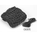 Black mesh netting with a coiled cord and four silver metal D-rings on a white background.