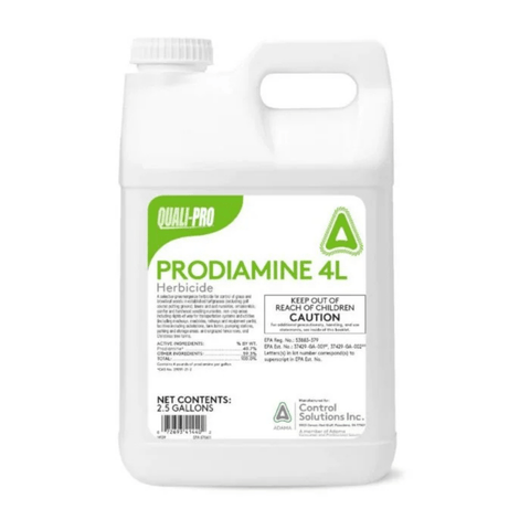 Quali-Pro Prodiamine 4L pre-emergent herbicide bottle from Winfield, used for weed prevention in lawns and gardens.