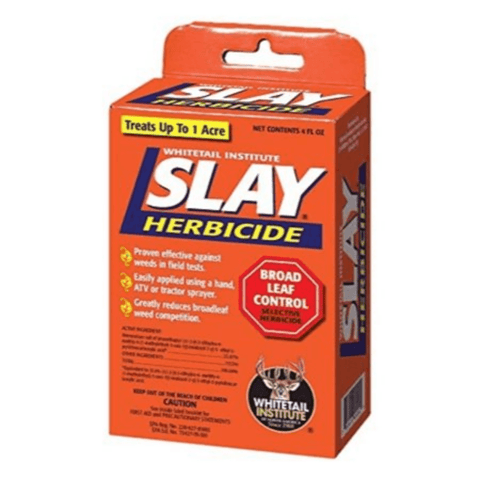 Whitetail Institute® Slay™ herbicide 4 oz. bottle, used for weed control, with label and packaging details visible.