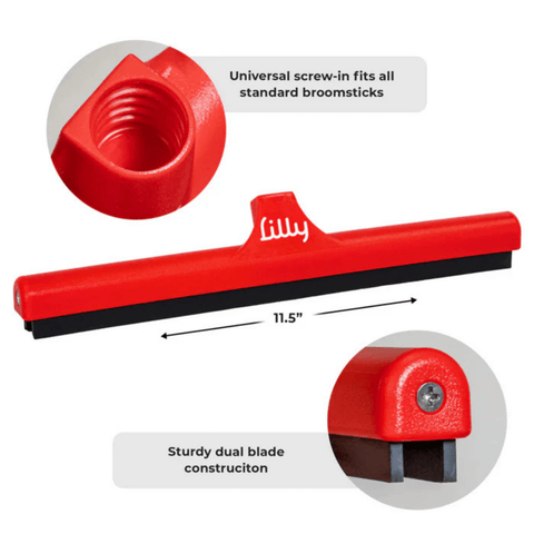 Red squeegee with black blade on a white background, featuring text about its features.