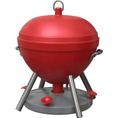 Red Wild Bird Lovers Kettle Grill hummingbird feeder by Rohrer & Bro, Inc., with transparent reservoir and decorative hummingbird design.