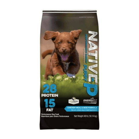 Blue Seal Native® Chicken & Rice Puppy Food bag showing the 40 lb bag with chicken and rice ingredients for puppies.