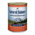 Canned dog food with fish and sweet potato from Phillips Feed, 13 oz. limited ingredient diet in a sealed can.