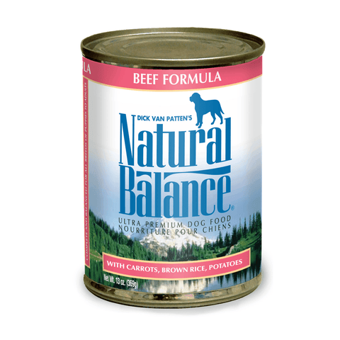 Canned dog food by Phillips Feed, Ultra Premium Beef Formula, 13 oz, with images of beef chunks and nutritious dog food in a can.
