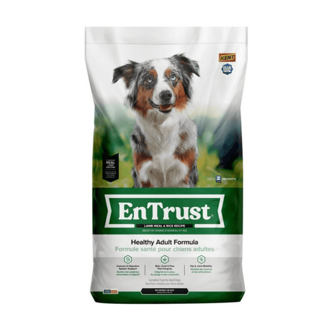 Blue Seal EnTrust Healthy Adult Dog Food with Lamb & Rice recipe in a bag, showing the product packaging with branding and nutritional info.