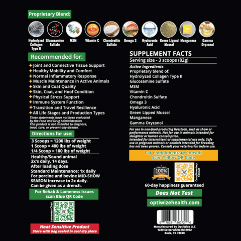 supplement facts and recommended use for Optiwizw livestock supplement on a black background