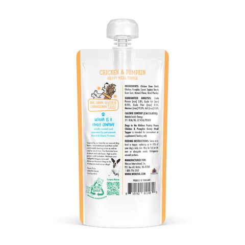 back of a pouch of Dog food meal topper by Weruva, Chicken & pumpkin,on a white background