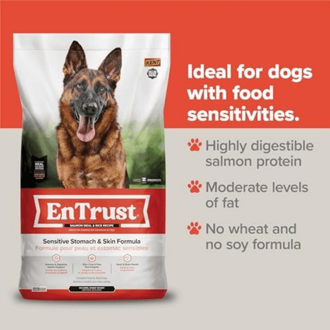 Blue Seal EnTrust Sensitive Stomach & Skin dog food bag, 35 lb, featuring blue packaging with healthy ingredients and product details.