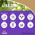 A purple and tan informational graphic with the text 'USE ON' at the top and icons showing categories such as indoor/outdoor use, edibles, flowers, trees, shrubs, houseplants, lawns, and herbs. The Organic Gardening logo appears at the bottom left.