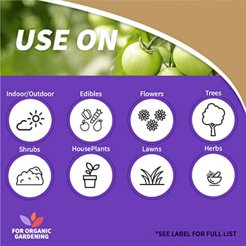 A purple and tan informational graphic with the text 'USE ON' at the top and icons showing categories such as indoor/outdoor use, edibles, flowers, trees, shrubs, houseplants, lawns, and herbs. The Organic Gardening logo appears at the bottom left.